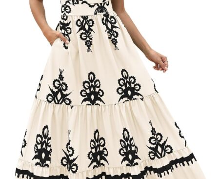 PRETTYGARDEN Womens 2025 Summer Casual V Neck Boho Maxi Dress Flowy Aline Bell Sleeve Tiered Floral Dresses with Pocket