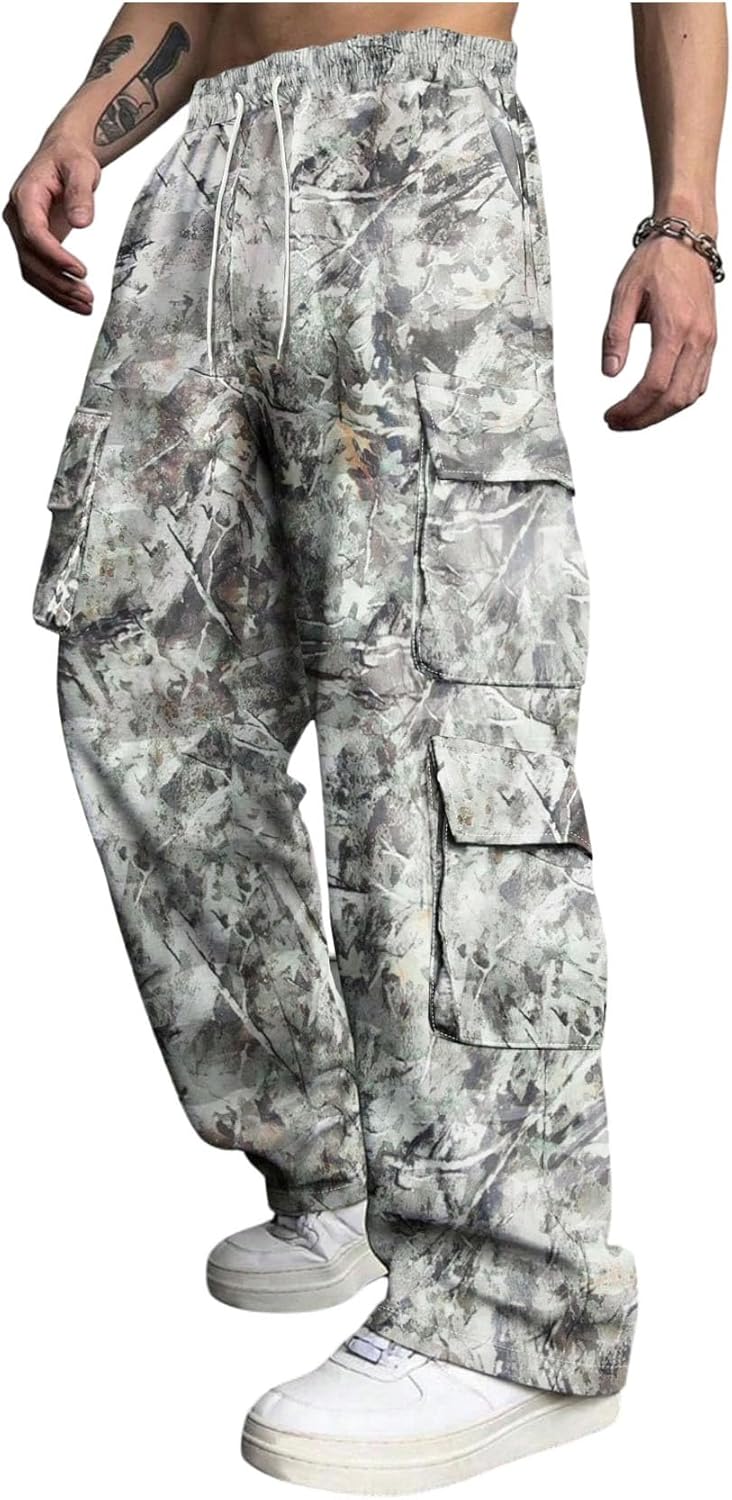 SOLY HUX Men’s Camo Baggy Cargo Pants Vintage Drawstring Elastic Waist Wide Leg Sweatpants Streetwear