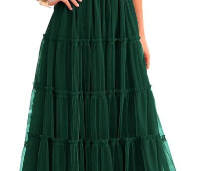 PRETTYGARDEN Women’s Smocked Midi Tulle Dress 2025 Summer Puffy Short Sleeve Square Neck Ruffle Wedding Guest Party Dresses