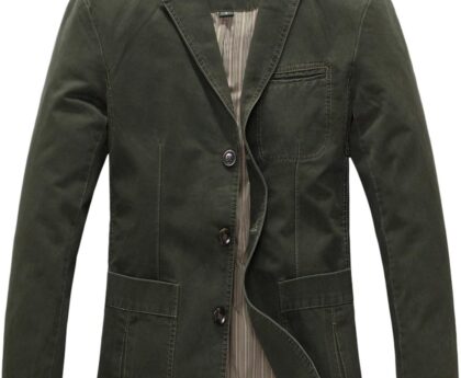 chouyatou Men’s Casual Three-Button Stripe Lined Cotton Twill Suit Jacket