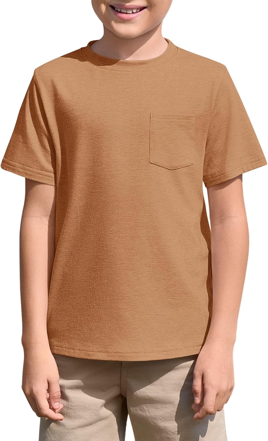 Haloumoning Boys T Shirts Kids Short Sleeve Pocket Shirt Crewneck Summer Basic Tee Tops 5-14 Years