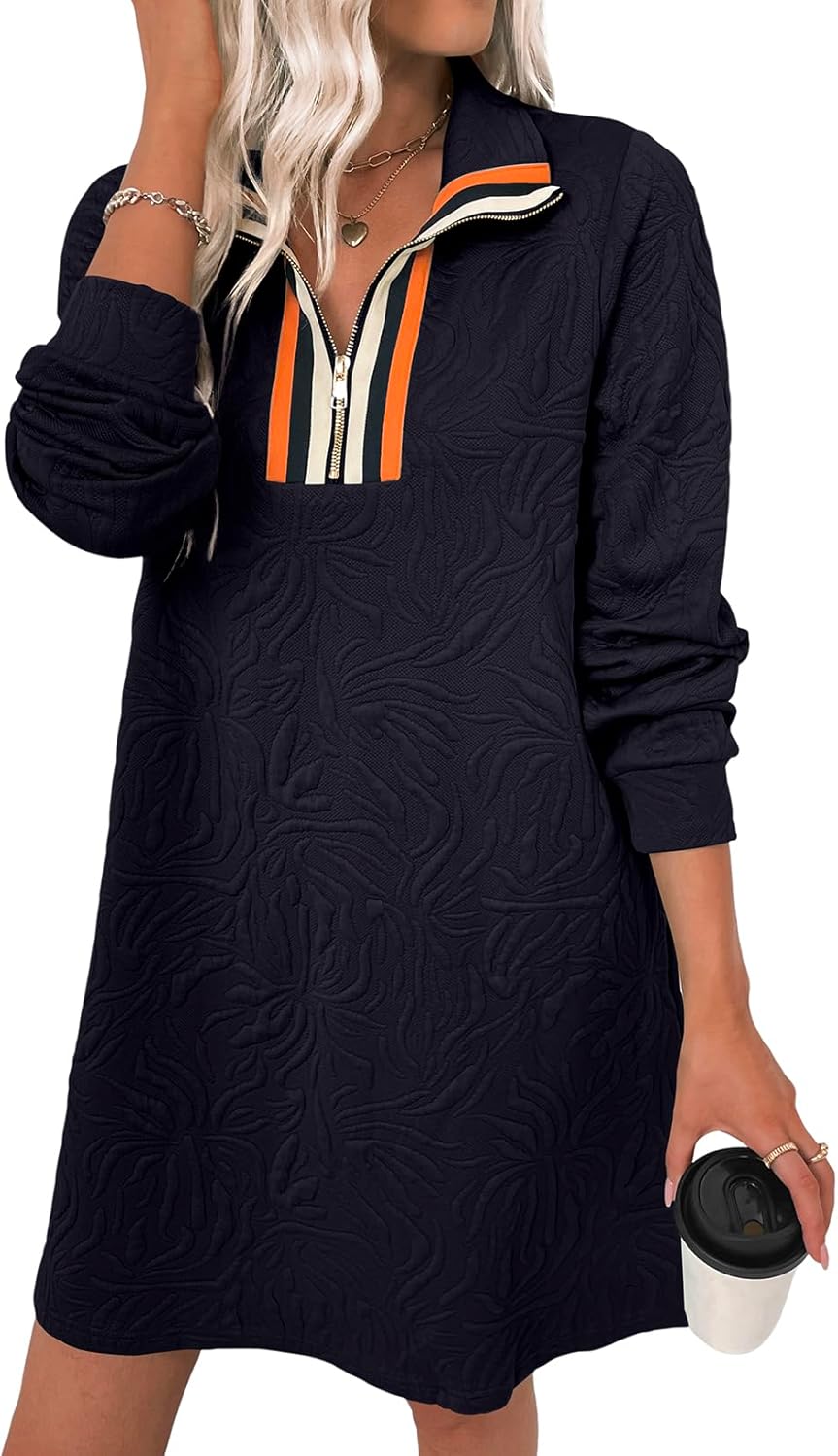 BLENCOT Fall Dresses for Women 2025 Casual Half Zip V Neck Winter Mini Sweater Dress Long Sleeve Fashion Sweatshirt Outfits