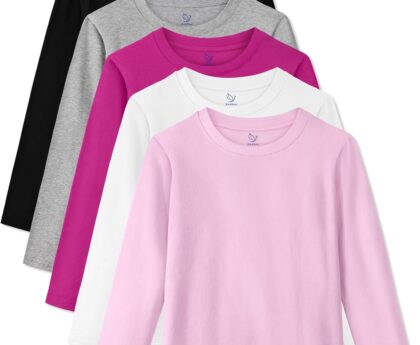 5 Pack Girls Long Sleeve Shirts Cotton T-Shirts Long-Sleeve Tagless Layering Tees for Youth Teen Girls 5-18 Years