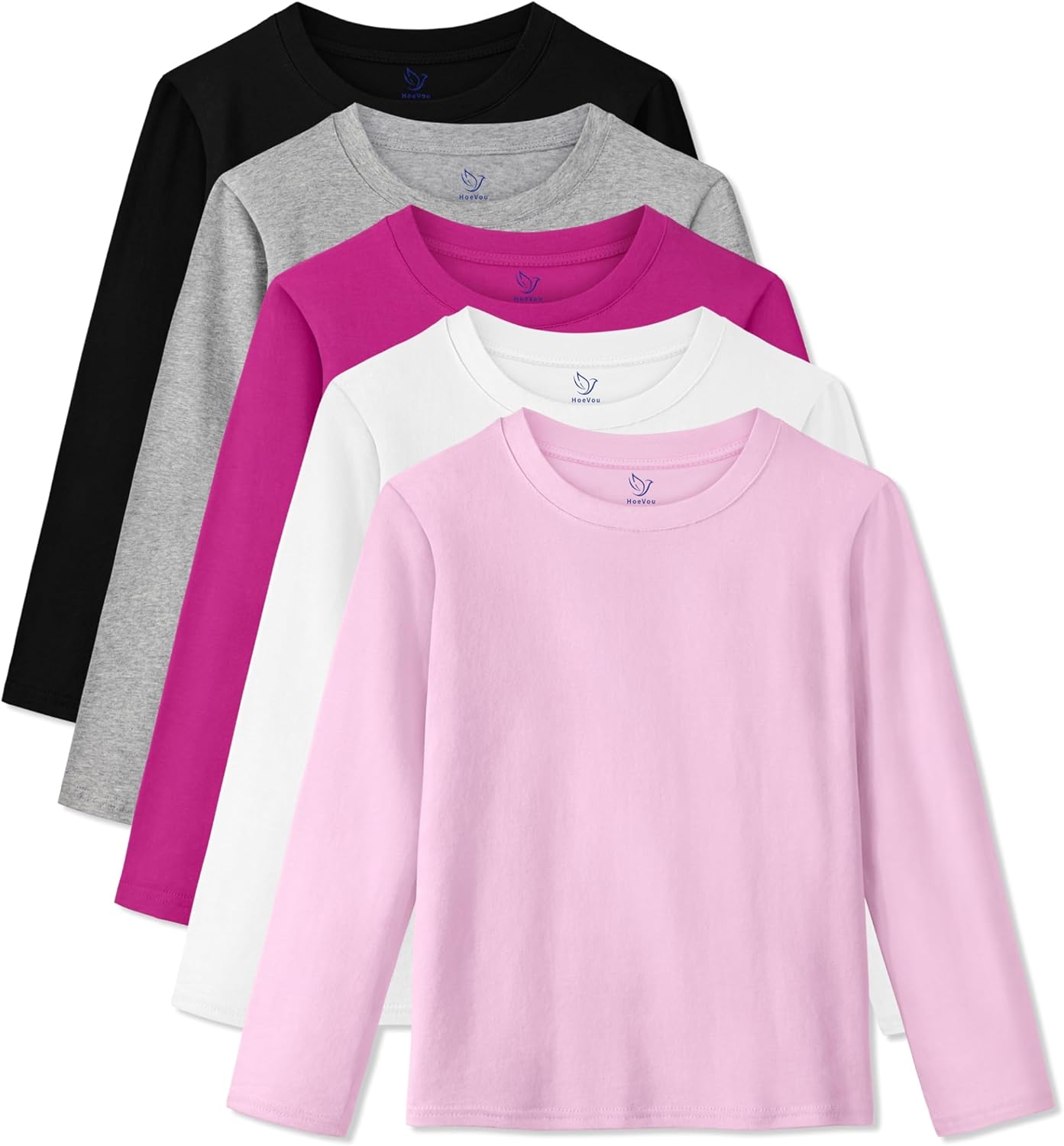 5 Pack Girls Long Sleeve Shirts Cotton T-Shirts Long-Sleeve Tagless Layering Tees for Youth Teen Girls 5-18 Years