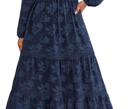 PRETTYGARDEN Long Sleeve Dress for Women 2025 Fall Elegant Modest Floral Boho Smocked Flowy Wedding Guest Midi Dresses