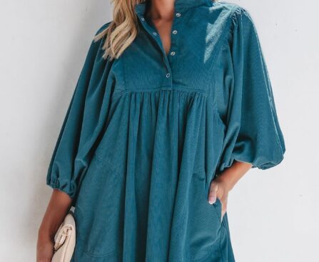 Womens Casual Dresses Corduroy Button Up Empire Waist 3/4 Sleeve Fall Winter Mini Babydoll Dress