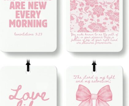 Pink Christian Car Air Freshener 4 Pcs, Girly Pink Bow Floral Religious Hanging Air Freshener for Cars Closet Drawer Books, Cute Preppy Christian Car Accessories Mirror Decor for Women