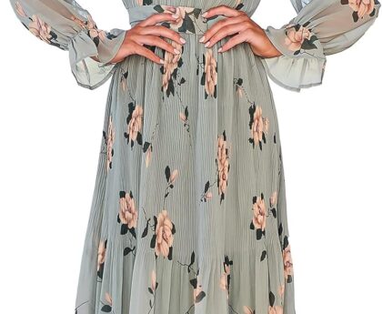 ANRABESS Women’s Floral Chiffon Midi Dress Puff Long Sleeve Mock Neck Summer Wedding Guest Party Dresses Fall 2025 Outfits