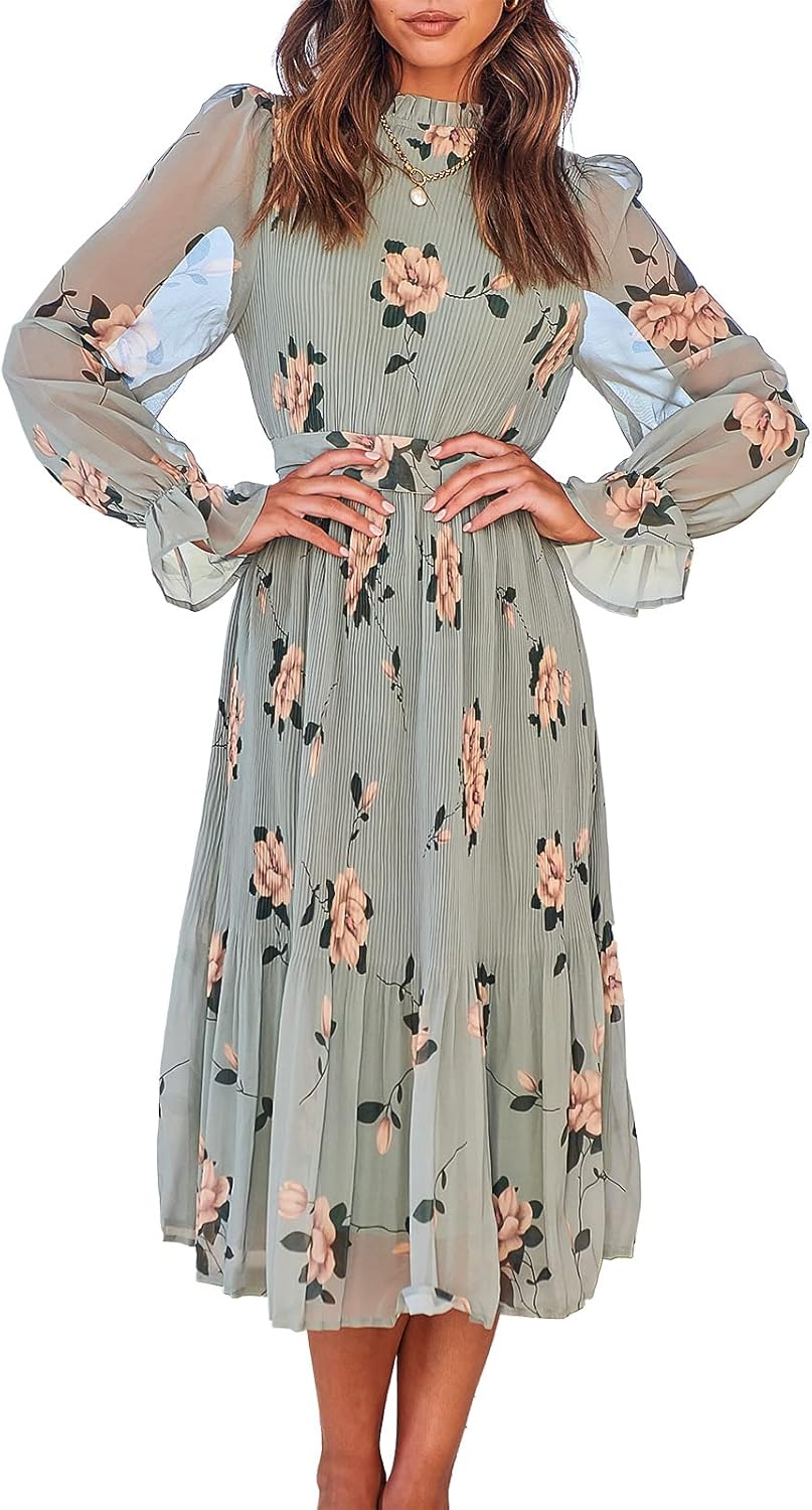 ANRABESS Women’s Floral Chiffon Midi Dress Puff Long Sleeve Mock Neck Summer Wedding Guest Party Dresses Fall 2025 Outfits