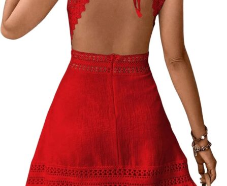 Floerns Women’s Contrast Lace Sleeveless Halter Dress Backless Vacation A Line Dress