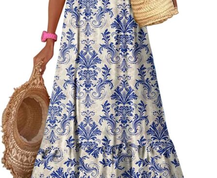 Dokotoo Women Summer Dresses 2025 Spaghetti Strap Scoop Neck Smocked Ruffle Flowy Boho Maxi Dress