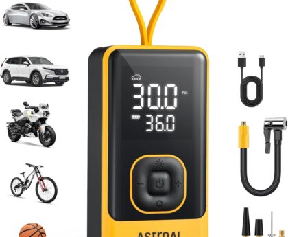 AstroAI L7 Air Tire Inflator Portable Air Compressor, 150PSI Electric Cordless Bike Pump with Fast 1-min Inflation, Auto Shutoff, LED Light – Rechargeable for Car, SUV, Motorcycle, Bike Tires, Yellow