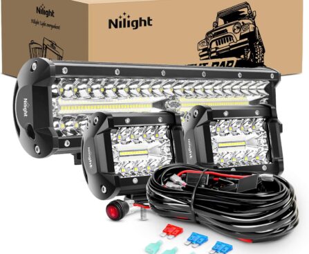 Nilight LED Light Bar Set, 12 Inch 300W Triple Row Spot Flood Combo Work Driving Lamp, 2 Pcs 4 inch 60 W with Wiring Harness for Off road ATV Boat Lighting, Year Warranty