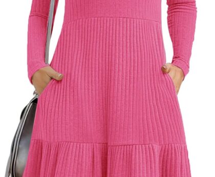 Zeagoo Womens Long Sleeve Fall Dresses with Pockets 2025 Flowy Casual Ribbed Knit Crew Neck Knee Length Sweater Dress