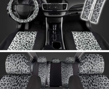 carXS Leopard Print Car Seat Covers Full Set, Includes Matching Seat Belt Pads and Steering Wheel Cover, Two-Tone Cheetah Print Gray Seat Covers for Cars for Women, Car Seat Protector Interior Covers