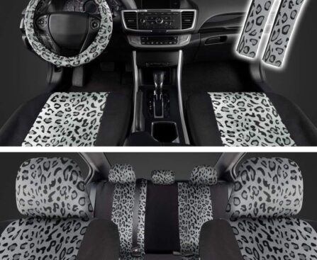 carXS Leopard Print Car Seat Covers Full Set, Includes Matching Seat Belt Pads and Steering Wheel Cover, Two-Tone Cheetah Print Gray Seat Covers for Cars for Women, Car Seat Protector Interior Covers