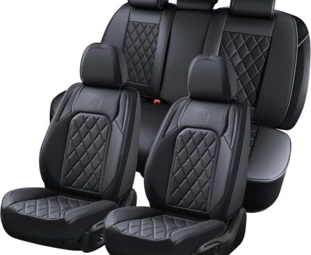 Coverado Car Seat Covers Full Set, Front and Back Seat Covers for Cars, Luxury Faux Leather Waterproof Seat Covers, Black Car Seat Covers, Car Seat Protector Accessories Universal Fit Most Vehicles
