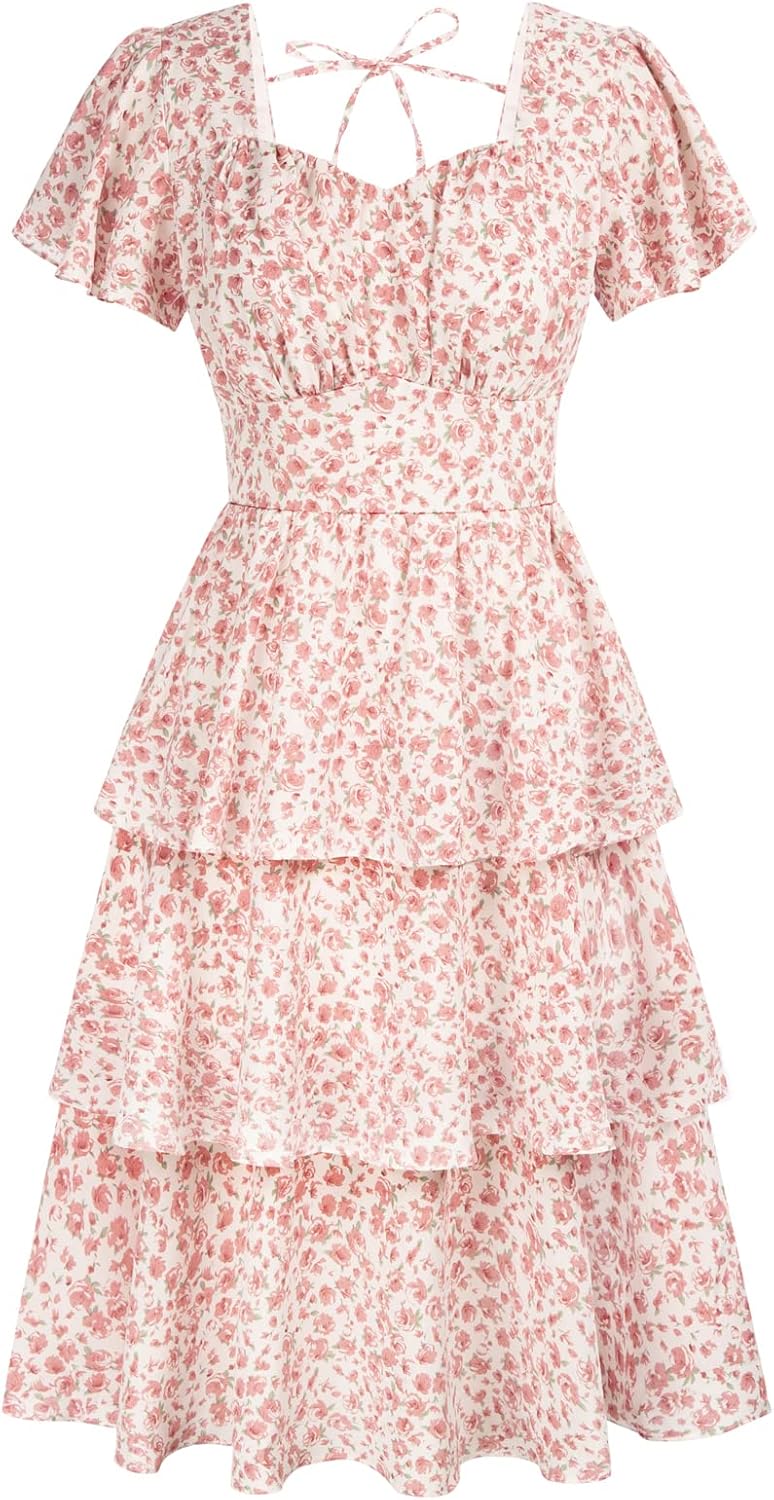 Belle Poque Women’s Square Neck Tiered Ruffle Dress 2025 Summer Vintage Short Sleeve Layered A-line Swing Midi Dress