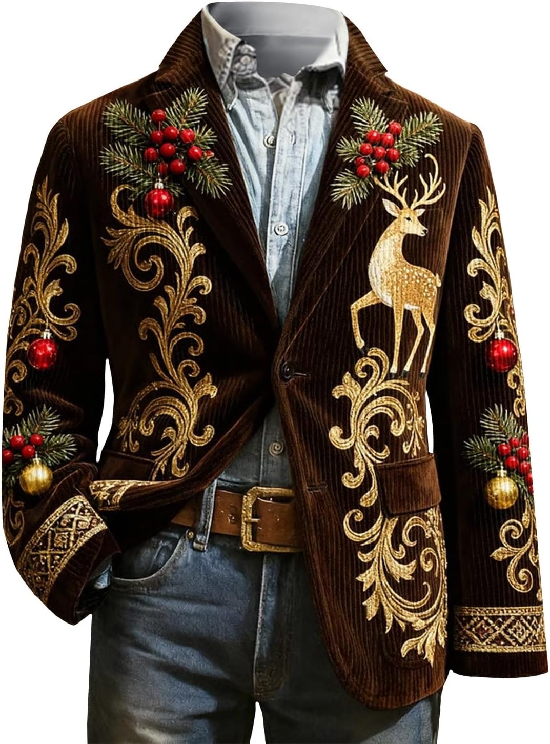 Mens Christmas Blazer Ugly Xmas Graphic Holiday Party Jacket One Button Casual Business Sport Coat with Pockets