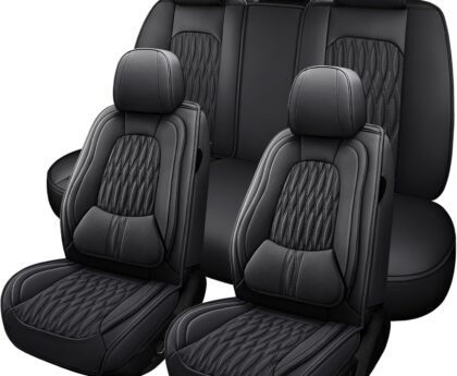 WELLDO Car Seat Covers Full Set, Premium Nappa Leather Seat Covers for Car, Waterproof Car Seat Protector with Lumbar Support, Automotive Seat Covers Universal Fit for Most Cars SUV Truck(Black-w02)
