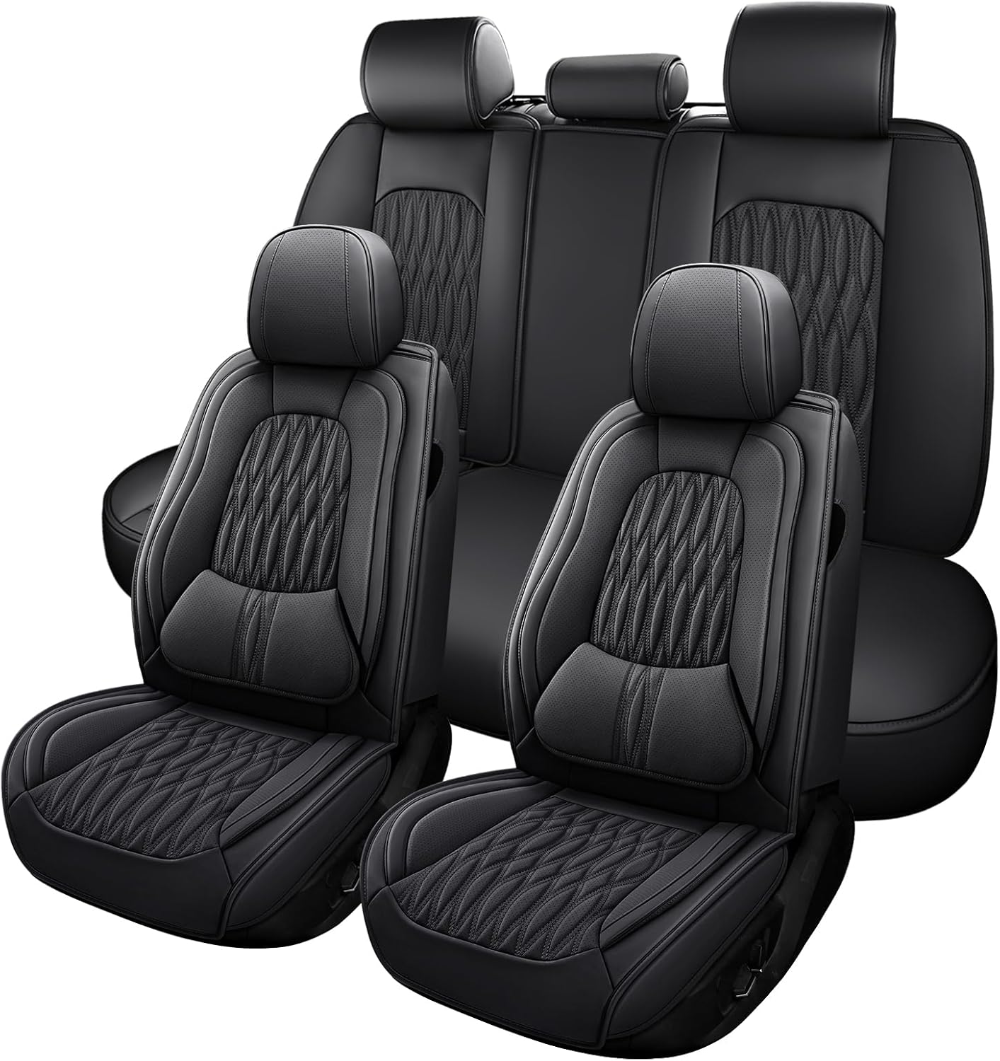 WELLDO Car Seat Covers Full Set, Premium Nappa Leather Seat Covers for Car, Waterproof Car Seat Protector with Lumbar Support, Automotive Seat Covers Universal Fit for Most Cars SUV Truck(Black-w02)