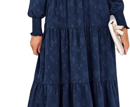 PRETTYGARDEN Women’s Fall Spring Midi Dress Long Sleeve Floral Smocked Elegant Wedding Guest Long Flowy Dresses with Pockets