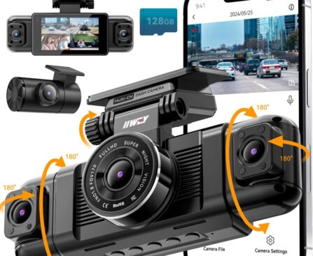 IIWEY N5 4 Channel Dash Cam 360° View, 1080P Front and Rear Inside, Left Right Dash Camera for Cars, 8 IR Lamps Night Vision, 5G WiFi & APP Control, G-Sensor, Parking Mode, with a Free 128GB SD Card