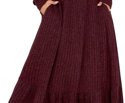 ANRABESS Womens Long Sleeve Midi Dress 2025 Fall Rib Knit Crew Neck A Line Soft Flowy Swing Dresses with Pocket Casual Trendy