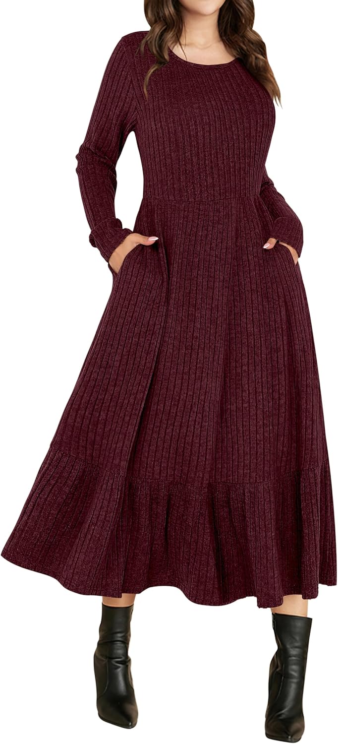 ANRABESS Womens Long Sleeve Midi Dress 2025 Fall Rib Knit Crew Neck A Line Soft Flowy Swing Dresses with Pocket Casual Trendy