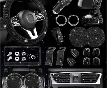 27PCS Bling Car Accessories Set for Women, 15 Inch Reinestone Crystal Steering Wheel Covers License Plate Frame USB Charger Phone Holder Coasters, Vehicle Decorations, Universal Fit（Black）