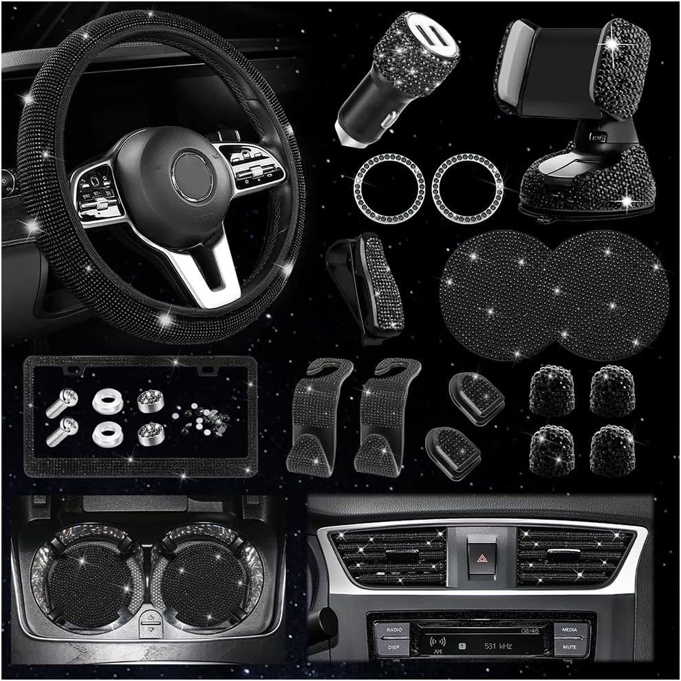 27PCS Bling Car Accessories Set for Women, 15 Inch Reinestone Crystal Steering Wheel Covers License Plate Frame USB Charger Phone Holder Coasters, Vehicle Decorations, Universal Fit（Black）