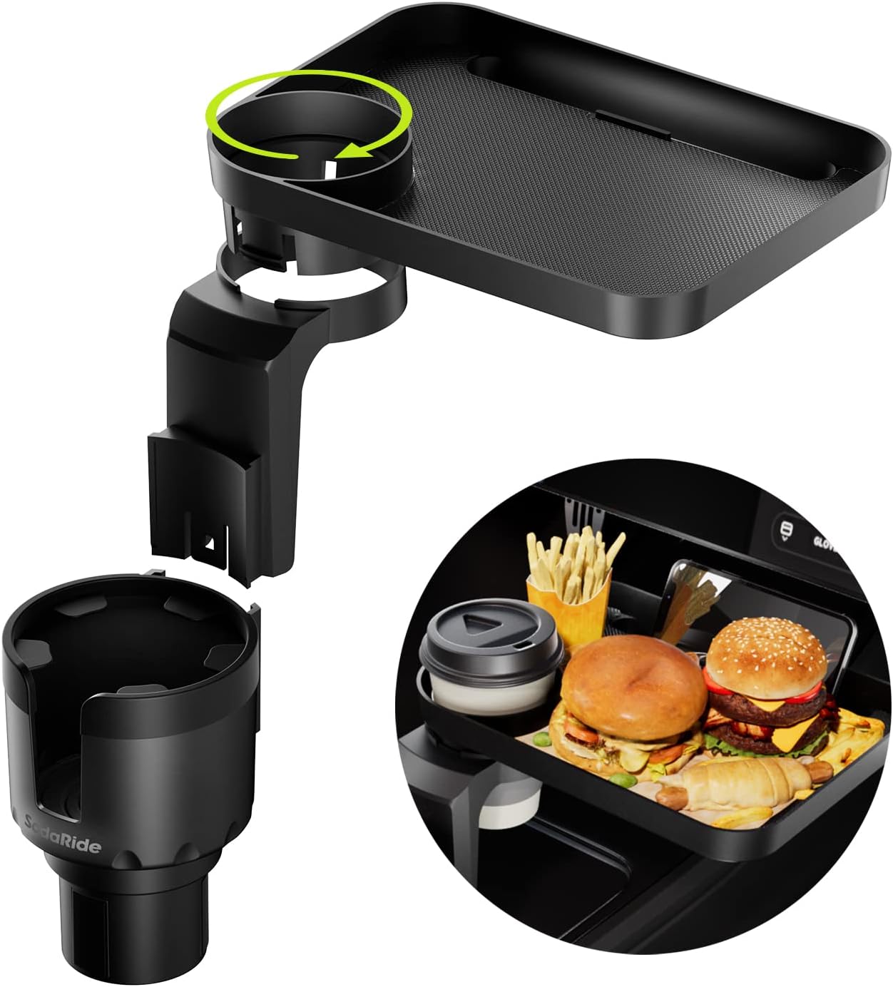 Car Cup Holder Tray -Expander- 3 in 1 Detachable Food Table Tray with Solid Base – Road Trip Essentials Accessories Gadgets – Fits Yeti, Hydro Flask 32/40 oz