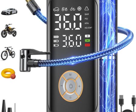 Tire Inflator Portable Air Compressor – Fast Inflation Cordless Air Pump for Car Tires, 150PSI Electric Bike Tire Pump with Digital Pressure Gauge, LED Light for Car, Motorcycle, Bike, Ball