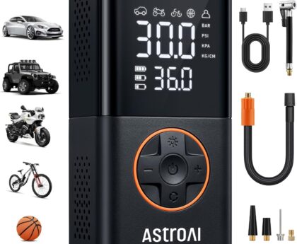 AstroAI L7 Tire Inflator Portable Air Compressor Cordless Mini Bike Pump with Digital Dual Values Display, 150 PSI Car Tires Air Pump with LED Lights&Pressure Gauge for Auto, Motorcycles, Bikes, Balls
