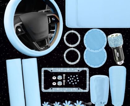 15 Pcs Bling Car Accessories Set Leather Steering Wheel Cover Seatbelt Cover Car Ring Sticker Center Console Pad USB Port Flower Air Vent Clip(Blue)