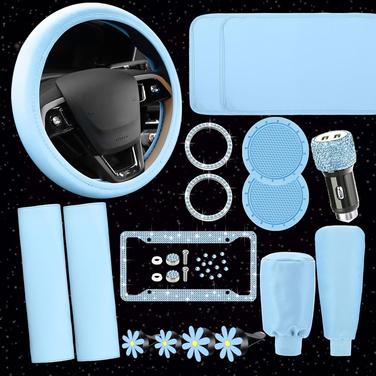 15 Pcs Bling Car Accessories Set Leather Steering Wheel Cover Seatbelt Cover Car Ring Sticker Center Console Pad USB Port Flower Air Vent Clip(Blue)