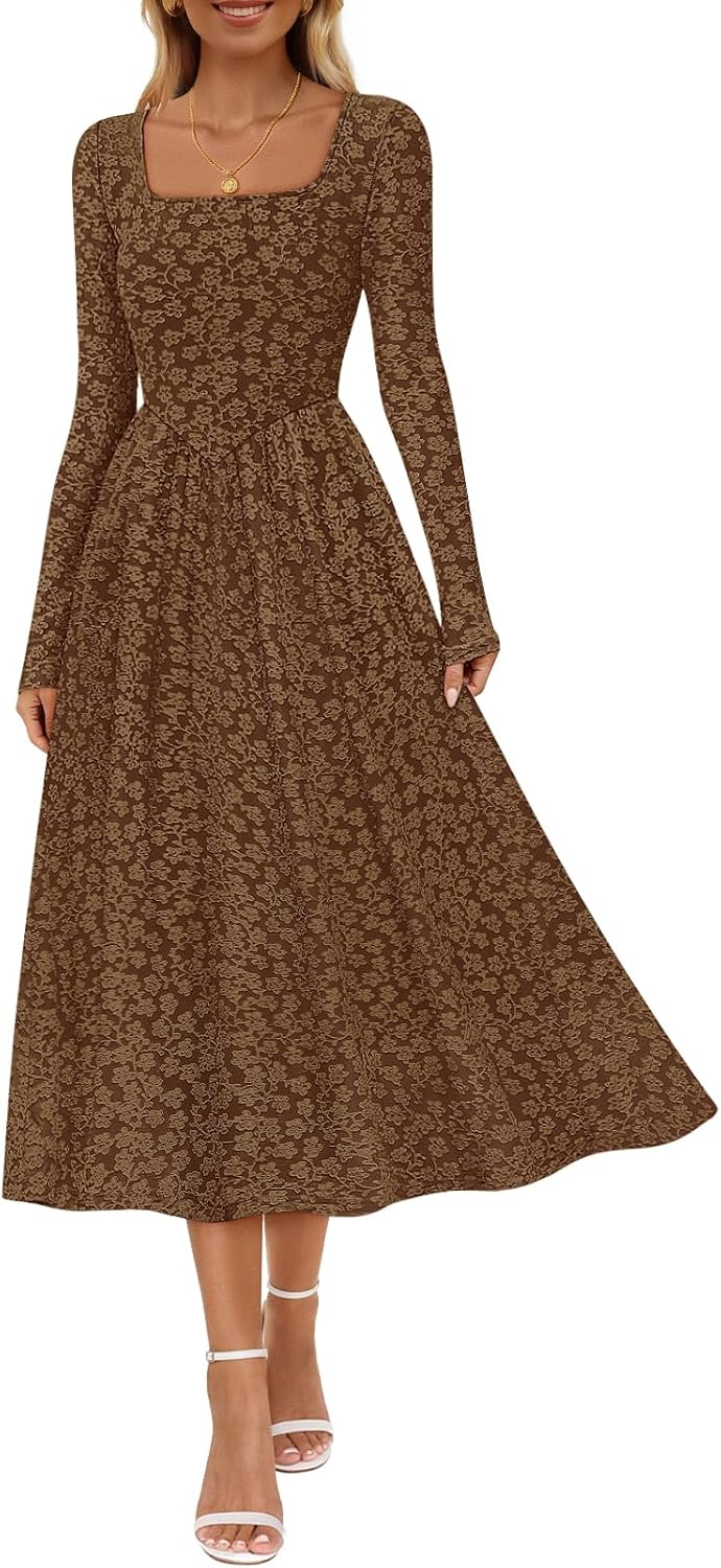 MEROKEETY Women’s Floral 2025 Fall Midi Dresses Long Sleeve Square Neck Flowy A Line Wedding Ruched Dress Pockets