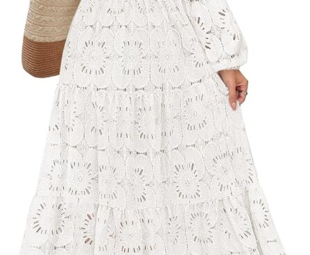 MEROKEETY Women’s Fall Long Sleeve Floral Maxi Dress Lace Eyelet Hollow Out Tiered Boho Wedding Guset Dresses Pockets