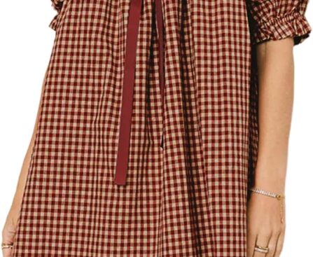 Women Gingham Short Dress Puff Sleeve Bow Tie Square Neck Plaid A-Line Babydoll Mini Dress