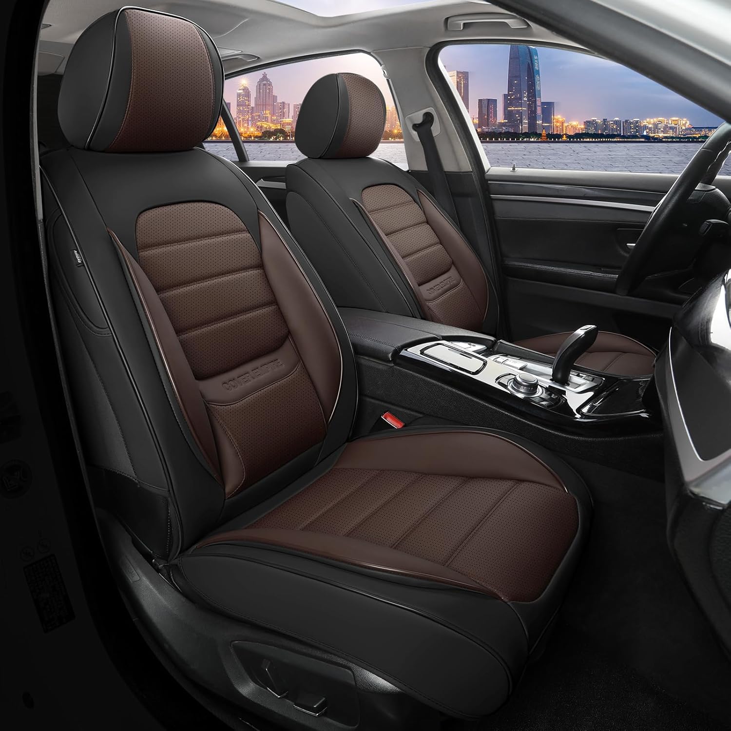 Car Seat Covers Full Set, 5 Seats Universal Leather Seat Covers for Cars, Waterproof Front and Rear Seat Cover, Breathable Automotive Seat Cover for Most Sedans, Trucks, SUVs, Black&Brown
