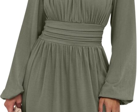 ANRABESS Womens Dress Long Lantern Sleeve Square Neck Elastic Waist Ruffle Flowy Swing A-Line Short Dresses 2025 Fall Fashion