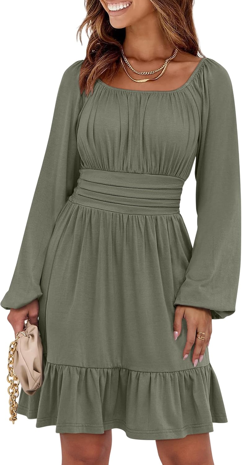 ANRABESS Womens Dress Long Lantern Sleeve Square Neck Elastic Waist Ruffle Flowy Swing A-Line Short Dresses 2025 Fall Fashion