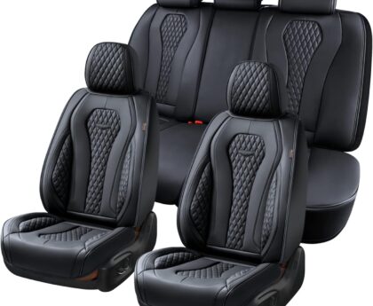 Coverado Seat Covers, Car Seat Covers Full Set, Black Car Seat Cover, Car Seat Covers Front Seats Back Seat Cover, Waterproof Car Seat Cushion, Leather Seat Covers Seat Protector Fit for Most Cars