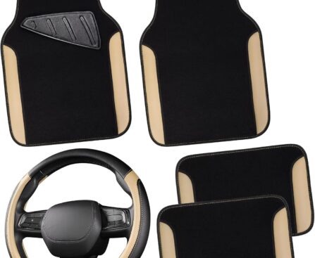 CAR PASS Faux Leather Steering Wheel Cover and Waterproof Car Floor Mats,Universal Car Combo Fit for 95% Sedan,SUV,Cars,14.5-15inch Sporty Anti-Slip Safety Comfortable Design(Black＆Beige)