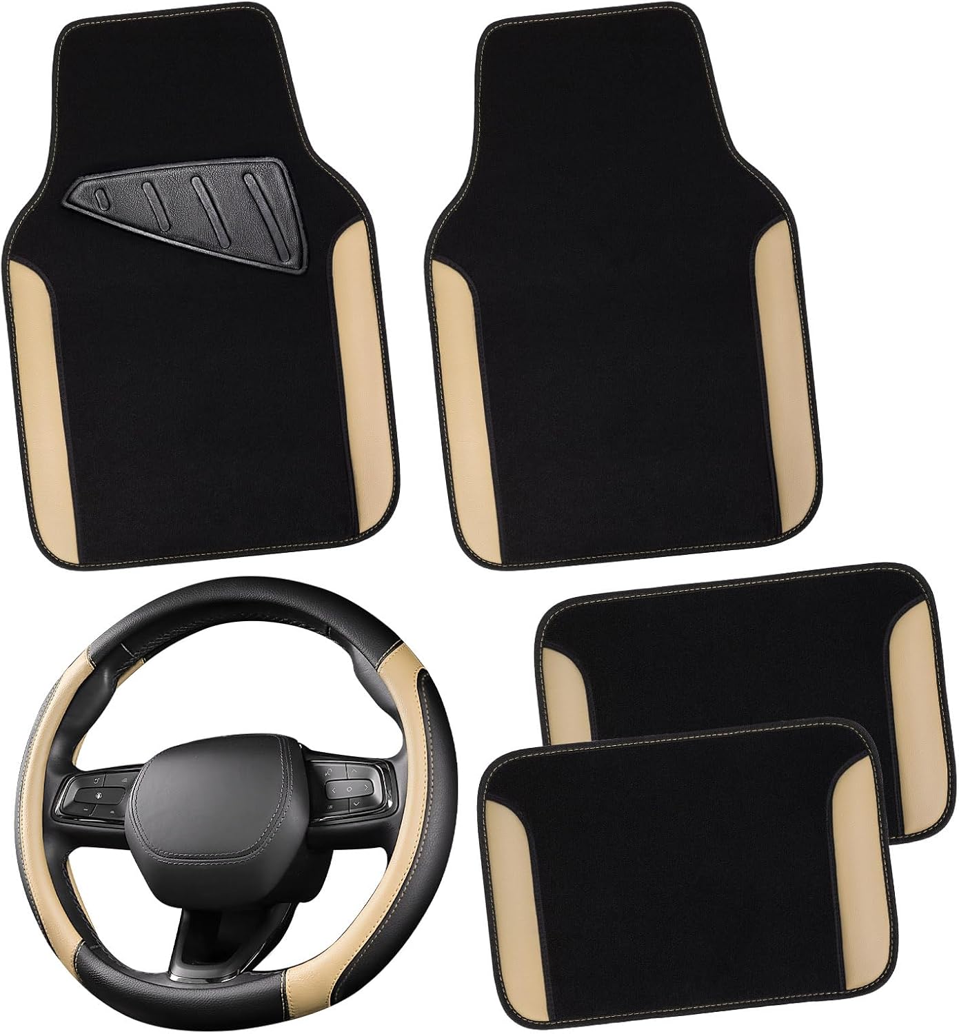 CAR PASS Faux Leather Steering Wheel Cover and Waterproof Car Floor Mats,Universal Car Combo Fit for 95% Sedan,SUV,Cars,14.5-15inch Sporty Anti-Slip Safety Comfortable Design(Black＆Beige)