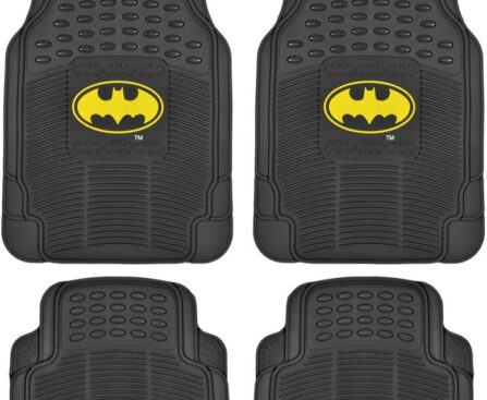 BDK Warner Bros Batman Rubber Floor Mats Car Accessories – Universal Fit, No-Slip Grip, All Weather Heavy Duty – 4 pc Trimmable Car Mats Set, Front 27×18, Rear 17.25×13.25