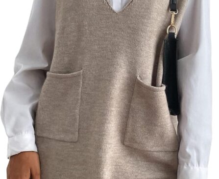 OYOANGLE Women’s V Neck Sleeveless Knitted Solid Short Sweater Dress with Pockets