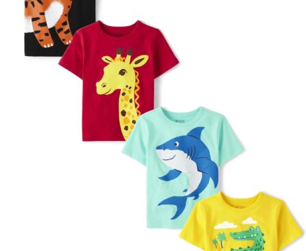 The Children’s Place Baby-Boys and Toddler Dinos,Animals,Cars Short Sleeve Graphic T-Shirts,4 Pack