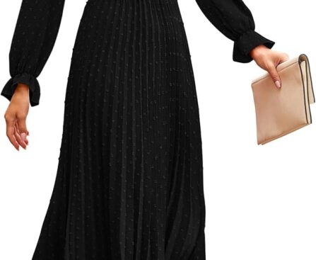 PRETTYGARDEN Women’s 2025 Spring Fall Midi Dress Casual Long Sleeve V Neck Swiss Dot Pleated A Line Flowy Dresses