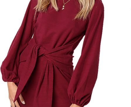 PRETTYGARDEN Womens Fall Elegant Long Lantern Sleeve Short Dress Wedding Guest Crewneck Tie Waist Knit Cocktail Dresses